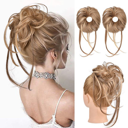 Picture of Messy Bun Hair Piece, HOOJIH 2 Pack Super Long Tousled Updo Hair Bun Extensions Wavy Hair Wrap Ponytail Hairpieces with Elastic Hair Band for Women Girls - Light Brown with Blonde Mixed