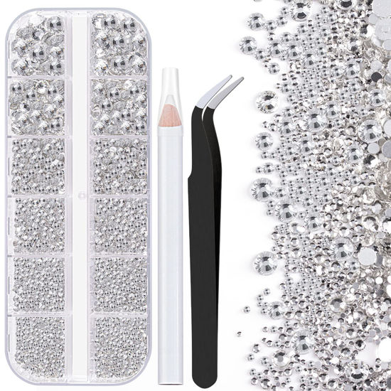 Picture of One Pack 2000 Pcs of Flatback Transparent White Clear Round Crystal Rhinestones 6 Sizes (1.5-6 mm) with Nail Art Rhinestone Picker Pencil And Tweezer For DIY And Salon Use