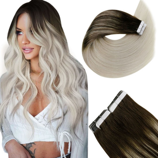 Picture of LAAVOO Tape in Hair Extensions Human Hair 16inch Balayage Ombre Dark Brown to Platinum Blonde Hair Extensions Tape ins Real Human Hair Skin Weft 20pcs/50g