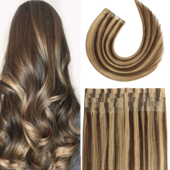 Picture of Tape in Hair Extensions 4P27 Medium Brown/Dark Blonde 100% Remy Human Hair Extensions Silky Straight for Fashion Women 20 Pcs/Package(18Inch #4P27 40g)