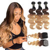 Picture of QTHAIR Ombre Body Wave Bundles With Closure 10A Brazilian Virgin Hair T1B/4/27 Ombre Body Wave Human Hair Bundles 18 20 22 with 18 in 4x1 T Part Middle Part Closure