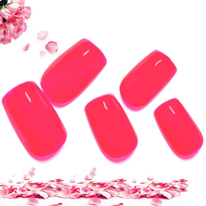 Picture of Gel Nail Polish Press on Nails Short, Handmade Hot Pink Fake Nails Medium Square Shape UV Jelly Finish Glue on Nails for Women Acrylic False Nail Kits Stick on nails Reusable Full Cover by GLAMERMAID, 24Pcs