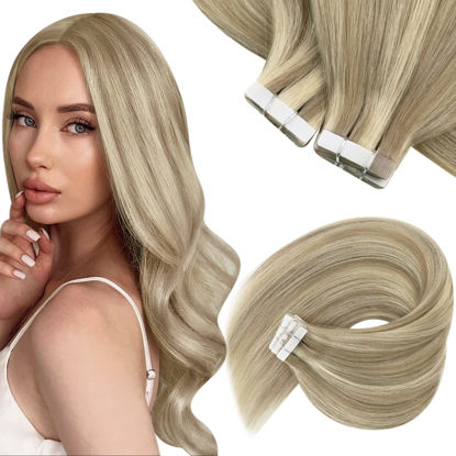 Picture of Sunny Tape in Hair Extensions Golden Blonde Highlighted Tape in Real Human Hair Extensions Invisible Golden Blonde Highlights Platinum Blonde Tape on Hair Extensions Remy 20pcs 50g 18inch