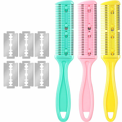 Picture of 3 Pieces Razor Comb with 10 Pieces Razors, Hair Cutter Comb Cutting Scissors, Double Edge Razor, Hair Thinning Comb Slim Haircuts Cutting Tool (Yellow, Green, Pink)