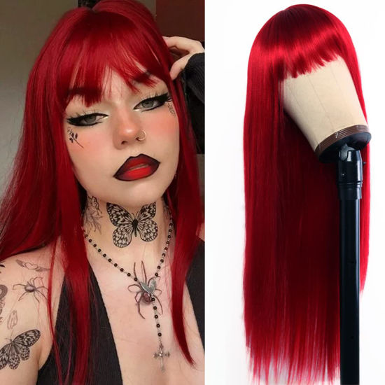 Picture of TIMANZO Long Straight Hair Synthetic Wigs Light Red Heat Resistant Fiber Hair Full Machine Wig with Bangs For Fashion Women(24 Inches Light Red Hair)