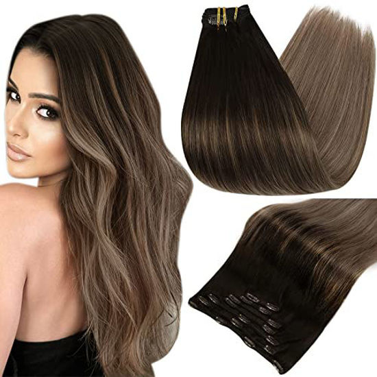 Picture of Full Shine Balayage Clip in Hair Extensions 16 Inch Remy Hair Extensions Clip in Human Hair Color 2 Dark Brown Fading to 6 and 18 Ash Blonde Highlight Double Weft Human Hair Extensions 7 Pcs 120 Gram