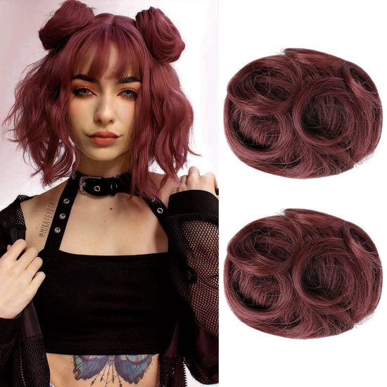 Picture of REECHO 2 PCS Mini Claw Clip in Messy & Cat Ears Hair Bun Extensions Wig Accessory Updo Hairpieces for Women Girls (Pack of 2 - 3.5" Wavy, Burgundy)