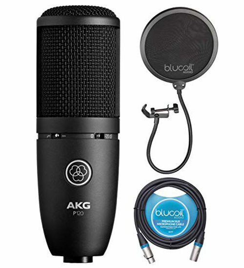 Picture of AKG P120 Cardioid Condenser Microphone for Voiceovers, Vocals, Pianos, Guitars, and String Instruments Bundle with Blucoil 10-FT Balanced XLR Cable, and Pop Filter Windscreen