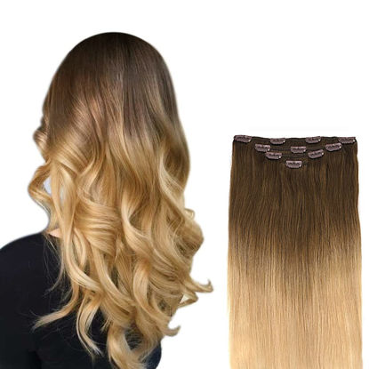 Picture of 16" Clip in Hair Extensions Remy Human Hair for Women - Silky Straight Light Brown to Natural Blonde Balayage Hair Extensions Human Hair 50grams 4pieces #8T24 Color