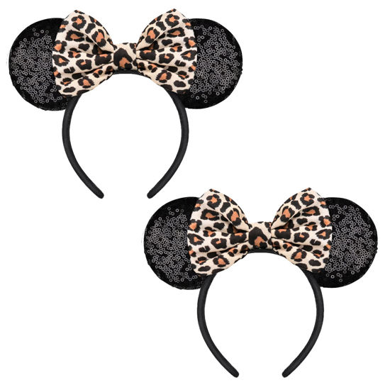 Picture of 2 PCS Minnie Ears,YUNISS Shiny Sequin Bow Mouse Ears Headbands for Adult Women Girls Christmas Halloween Birthday Party(leopard)