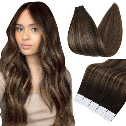 Picture of Fshine Balayage Tape in Hair Extensions Ombre Dark Brown Highlight Ash Brown with Shadow Roots Hair Extensions 22 Inch 2/8/2 Tape in Real Human Hair Skin Weft Salon Quality 20pcs 50g