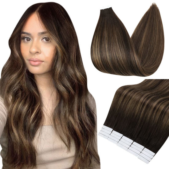 Picture of Fshine Tape In Human Hair 16 Inch Glue On Hair Extensions 50 Gram PU Tape In Hair Extensions Straight Silky Hair Color 2 Fading to 8 Highlight 2 Darkest Brown Double Sided Tape In Hair Extensions