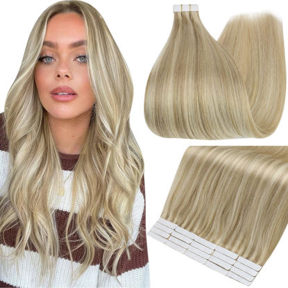 Picture of Fshine Tape in Hair Extensions Human Hair 22 Inch Hair Extensions Real Human Hair 50 Gram 20 Pieces Color 16 Highlighted 22 Blonde Tape in Remy Hair