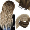 Picture of Sunny Tape in Hair Extensions Human Hair Brown Ombre Dark Golden Blonde Balayage Platinum Blonde Tape in Human Hair Extensions Invisible PU Tape in Natural Hair Extensions Ombre 18inch 50g 20pcs