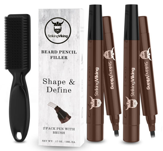 Picture of 4-Tip Beard Pencil Filler for Men (2 pack), Updated Beard Filling Pen Kit with Brush, Long Lasting Waterproof Beard Pen - Fill, Shape, & Define Your Beard and Mustache - Striking Viking, Dark Brown (2 Pens)