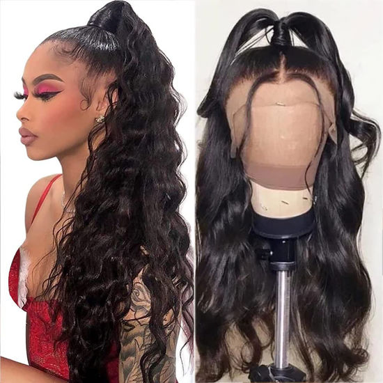 Picture of Larhali Full 360 Lace Front Wigs Human Hair Pre Plucked Body Wave HD Lace Front Wigs Human Hair 22inch 180% Density Glueless Wigs for Black Women Human Hair Can make Ponytail and Updo