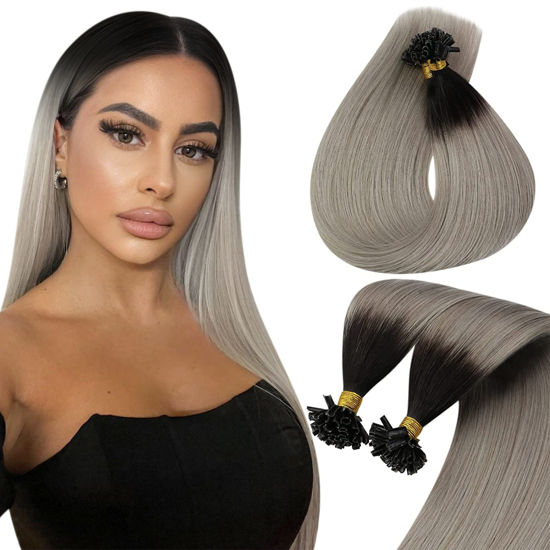 Picture of Sunny U Tips Human Hair Extensions Ombre #1B Natural Black Ombre #Grey Utip Hair Extensions Hot Fusion Utips Hair Extensions Ombre Black Pre Bonded Keratin Human Hair Extensions U Tip 50g 16inch