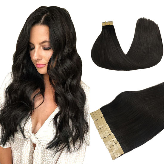 Picture of Hair Extensions Tape in Human Hair, Natural Black 12 Inch 40g 20pcs, DOORES Tape in Hair Extensions Real Human Hair Straight Remy Hair EXtenions Skin Weft for Women