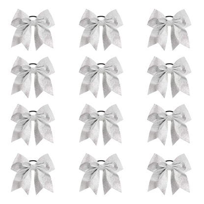 Picture of Oaoleer 12PCS 7" Large Glitter Cheer Hair Bows Ponytail Holder Elastic Band Handmade for Cheerleading Teen Girls College Sports (Glitter Silver 12PCS)