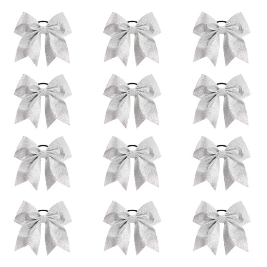 Picture of Oaoleer 12PCS 7" Large Glitter Cheer Hair Bows Ponytail Holder Elastic Band Handmade for Cheerleading Teen Girls College Sports (Glitter Silver 12PCS)