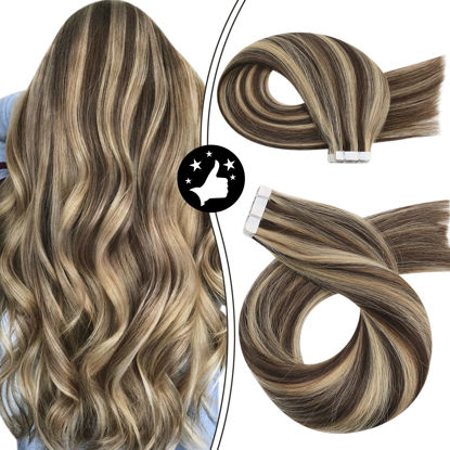 Picture of Tape in Hair Extensions Real Human Hair, Moresoo Blonde Invisible PU Tape in Hair #4 Brown Highlighted with #27 Blonde Hair Extensions Tape ins 12 Inch Glue on Hair Thick End PU Skin Weft 30g 20 PCS