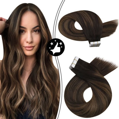 Picture of Moresoo Balayage Tape in Hair Extensions Brown Rooted Tape in Extensions 22 Inch Glue in Skin Weft Hair 50g #2/6/2 Darkest Brown and Brown Highlighted Seamless Tape on Remy Hair 20 Pieces