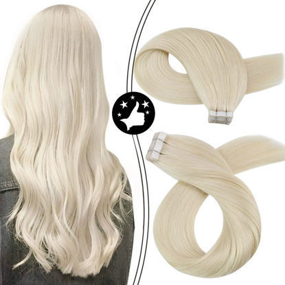 Picture of Moresoo Blonde Hair Extensions Tape in Real Human Hair Extensions 22 Inch Seamless Tape in Hair Extensions 20PCS #60 Platinum Blonde Glue in Double Sided Tape in Real Hair 50g