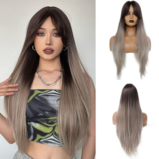 GetUSCart Esmee 26 Inches Long Straight Ombre Brown to Gray Wig