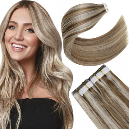 Picture of Tape in Hair Extensions Human Hair Highlighted Light Brown with Medium Blonde 18 Inch Human Hair Tape in Extensions Skin Weft Salon Quality 20pcs 50 grams