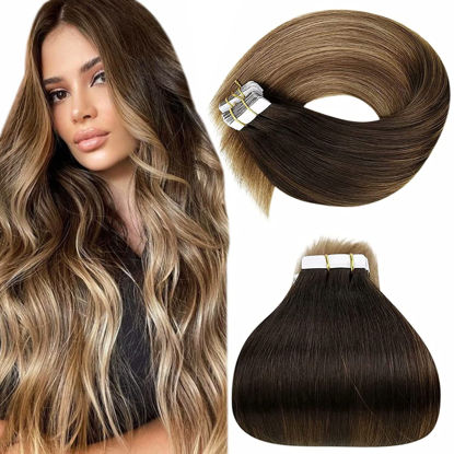 Picture of LAAVOO Tape in Hair Extensions Balayage Dark Brown to Medium Brown Mix Golden Blonde Remy Human Hair Tape in Extensions Thick End for Long Hair 22in 50g 20pcs