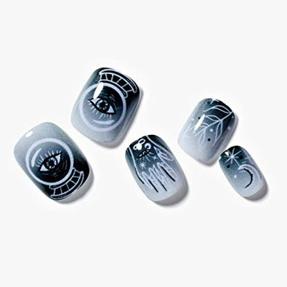 Picture of Press on Nails Short Round Nails, Grey Black Gothic Fake Nails Squoval Halloween Eyes Glue on Nails Acrylic False Nail Kits Stick on Nails for Women Reusable Full Cover Static Nails by GLAMERMAID, 24 Pcs