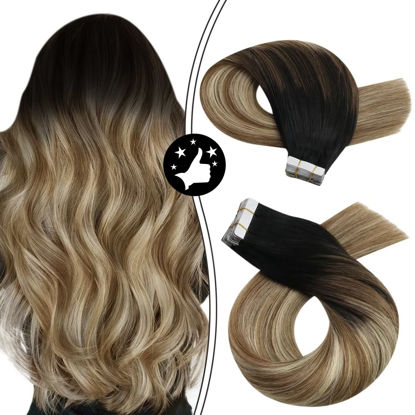 Picture of Moresoo Tape in Hair Extensions Balayage Hair Extensions 12 Inch Off Black #1B Ombre #6 Brown Highlight with #22 Blonde Tape in Extensions Ombre Black 20 Pieces 30 Gram Extensions Human Hair Natural