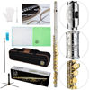 Picture of Rhythm C Flutes with Engraved Flower Closed Hole 16 Keys Flute For Student, Beginner with, Stand, Carrying Case, Cleaning Kit,Gloves, Tuning Rod, Nickel Body with Laquer keys