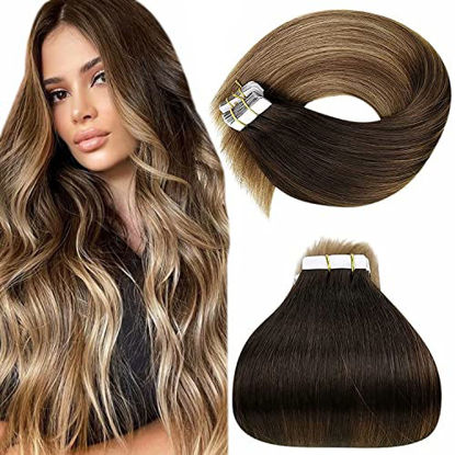 Picture of LAAVOO Dark Brown Ombre Tape in Hair Extensions Balayage Dark Brown to Medium Brown Mixed Golden Blonde Human Hair Tape ins Hair Extensions Skin Weft 20pcs 50 Grams 18 Inch