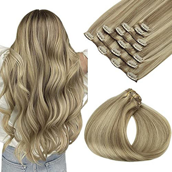 Picture of Clip in Hair Extensions, hotbanana Light Blonde Highlighted Golden Blonde 120g Clip in Hair Extensions Real Human Hair Straight Remy Hair Clip in Hair Extensions 20 inch 7pcs