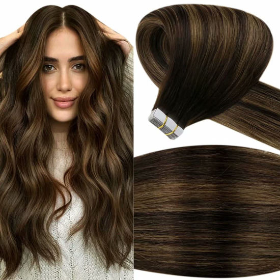 Picture of LaaVoo Balayage Tape in Hair Extensions Human Hair Brown Hair Extensions 100g Tape in Real Hair 16 Inch #2/8/2 Darkest Brown Highlighted with Brown Remy Straight Seamless PU Hair 40pcs