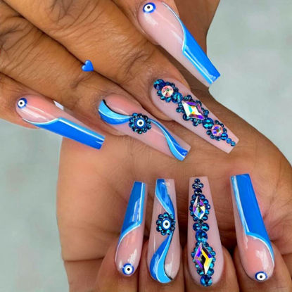 Picture of YOSOMK French Tip Press on Nails Long with Designs Blue Swirl Rhinestone False Fake Nails Acrylic Nails Press On Coffin Artificial Nails for Women Stick on Nails With Glue on Static nails