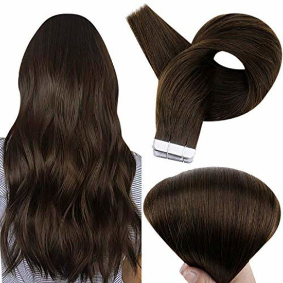 Picture of Full Shine Tape in Hair Extensions Human Hair Darkest Brown 24 Inch Seamless Tape in Extensions Brazilian Remy Hair Skin Weft Hair 20 Pieces 50 Grams Color 2