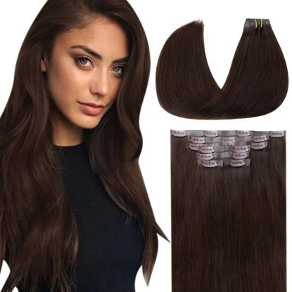 Picture of LAAVOO 22 inch 120g 7pcs Clip in Hair Extensions Seamless Dark Brown Hair Extensions Real Human Hair Clip ins Pu Weft Brown Hair Extensions Long Straight