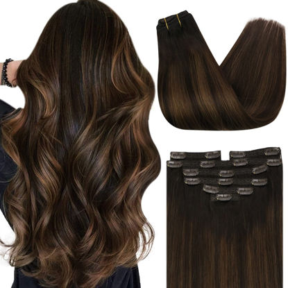 Picture of Sunny Clip in Hair Extensions Real Human Hair Darkest Brown Balayage Chestnut Brown Human Hair Clip in Extensions Brown Hair Extensions Clip in Human Hair Double Weft 7pcs 120g 18inch