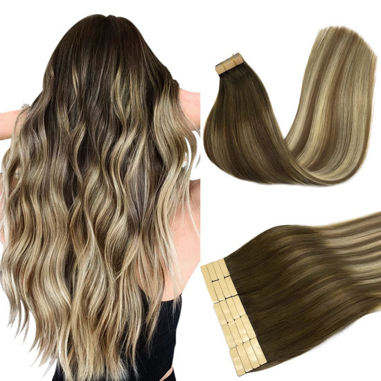 Picture of DOORES Tape in Hair Extensions Human Hair Balayage Walnut Brown to Ash Brown and Bleach Blonde 24 Inch 50g 20pcs Human Hair Extensions Tape in Real Hair Extensions Straight