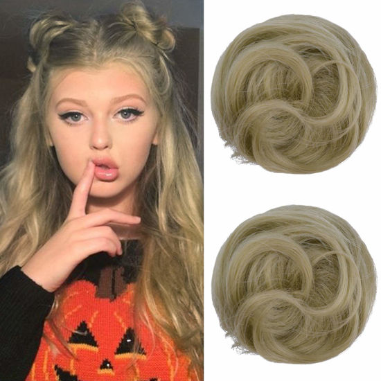 Picture of REECHO 2 PCS Mini Claw Clip in Messy & Cat Ears Hair Bun Extensions Wig Accessory Updo Hairpieces for Women Girls (Pack of 2 - 3.5" Wavy, Light Ash Blonde)