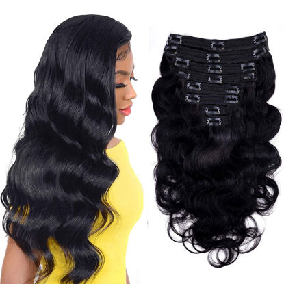 Picture of Body Wave Clip in Hair Extensions for Black Women Body Wave Human Hair Clip in Hair Extensions Natural Black Color Full Head Brazilian Virgin Hair，8/Pcs with 18Clips,120 Gram (18inch, Body hair)