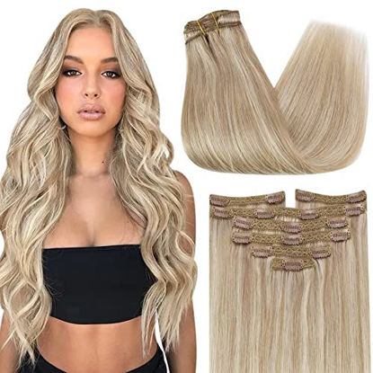 Picture of Sunny Highlights Clip in Hair Extensions Ash Blonde with Bleach Blonde Highlighted Hair Extensions Clip in Human Hair Highlights Clip ins Hair Extensions Blonde 7pcs 120g 20inch