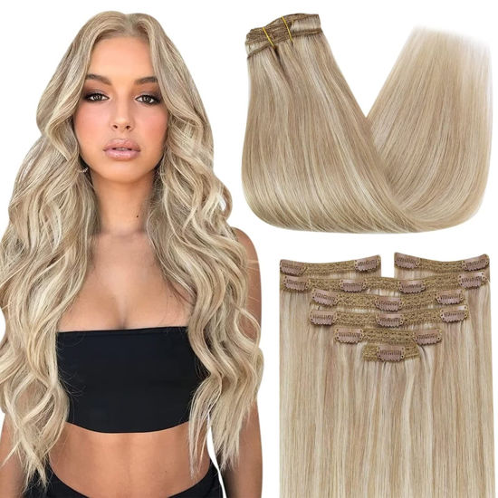 Picture of Sunny Clip in Hair Extensions Real Human Hair Blonde Highlighted Human Hair Clip in Extensions Ash Blonde Highlights Bleach Blonde Clip on Hair Extensions Highlights 7pcs 120g 16inch