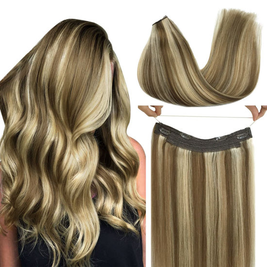 Picture of GOO GOO Hair Extensions 12 Inch 70g Wire Hair Extensions Medium Brown Highlighted Golden Blonde Balayage Hair Extensions Real Remy Human Hair Extensions Natural Thick Wire Extensions Straight