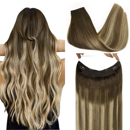 Picture of GOO GOO Wire Hair Extensions Human Hair 70g 12 Inch Balayage Walnut Brown to Ash Brown and Bleach Blonde Natural Hair Extensions with Wire Layered Straight Hair Extensions Hairpiece