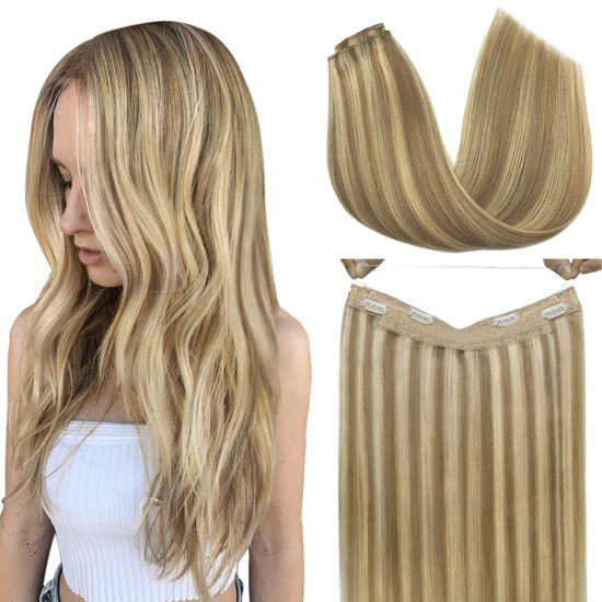 Picture of GOO GOO Hair Extensions, Light Blonde Highlighted Golden Blonde Wire Hair Extensions 18 Inch 95g Straight Human Hair Extensions Hairpiece Invisible Natural Wire Hair Extensions for Women