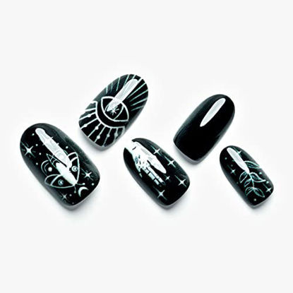 Picture of Press on Nails Medium Almond GLAMERMAID, Black Totem Oval Acrylic Fake Nails with Design Glue on Nails Spring Summer Reusable Fake Nail Tips Glossy Finish 24 Pcs Manicure Art Set with 48 Adhesive Tabs Mini Nail File, Cuticle Stick Gift for Women Party Accessories