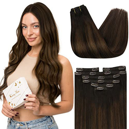 Picture of Sunny Huamn Hair Clip in Extensions Balayage Darkest Brown Mix Chestnut Brown Balayage Clip on Extensions Human Hair Brown Clip in Hair Extensions Real Human Hair Double Weft 7pcs 120g 24inch